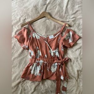 Off the shoulder blush floral blouse with tie